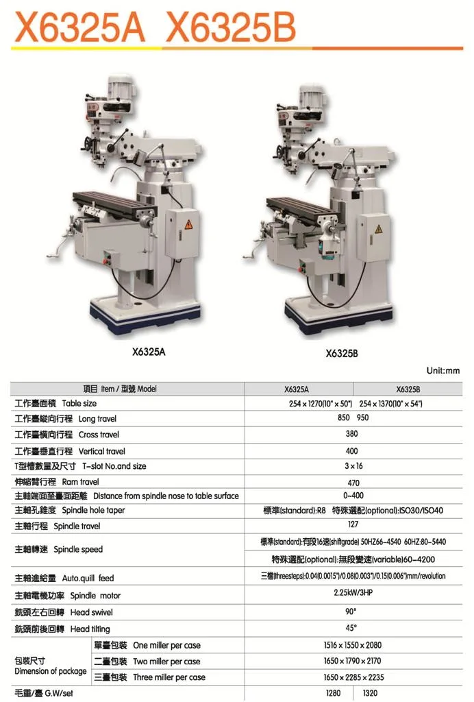 China Manufacturer Machine Tool X6325 X6325A X6325D Universal Turret Vertical CNC Milling Machine with CE for Metal